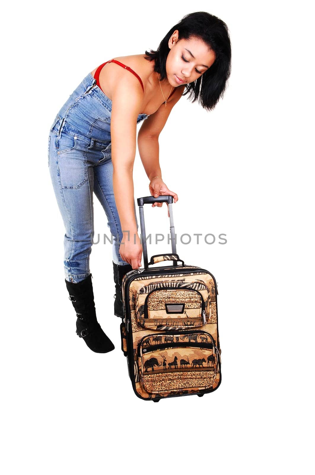 Girl in jeans suit on a trip.