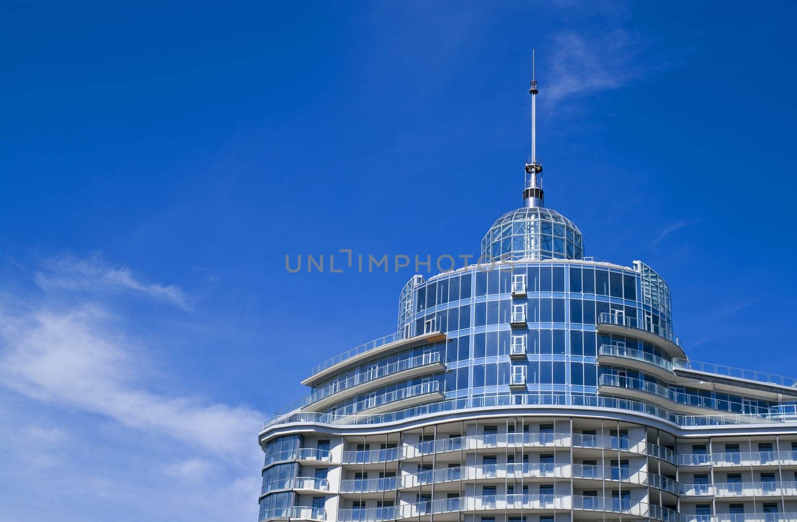 The top of a new building of a hotel or business center.