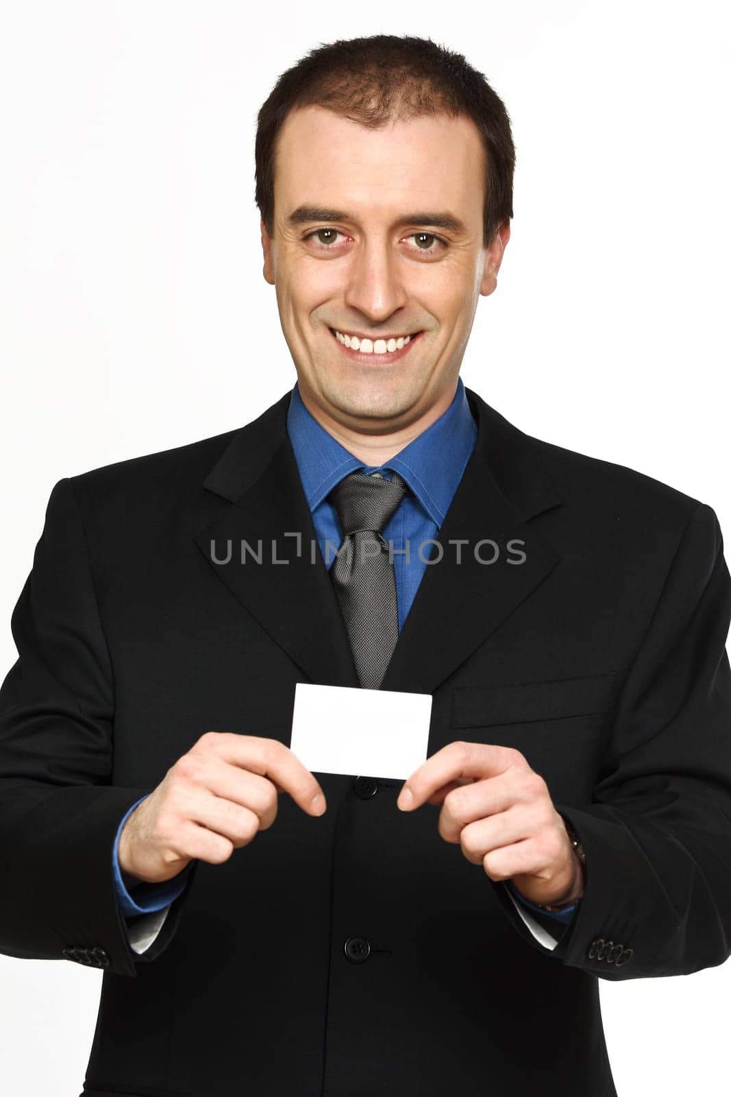 confident businessman and personal card