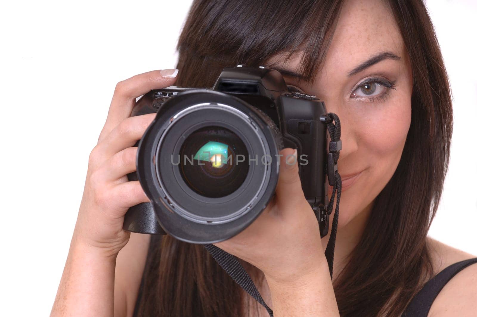 Beautiful Brunette Photographer isolated over white background