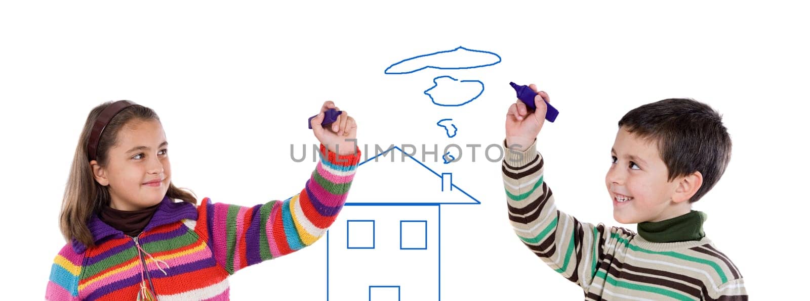 Two children drawing a house