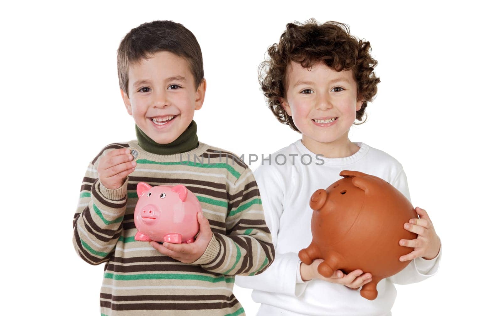 Two happy children with moneybox savings