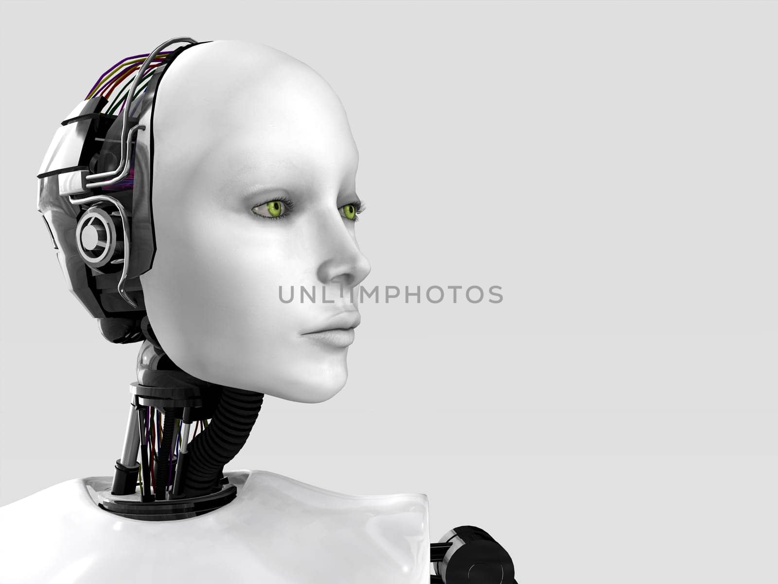 The face of a robot woman.