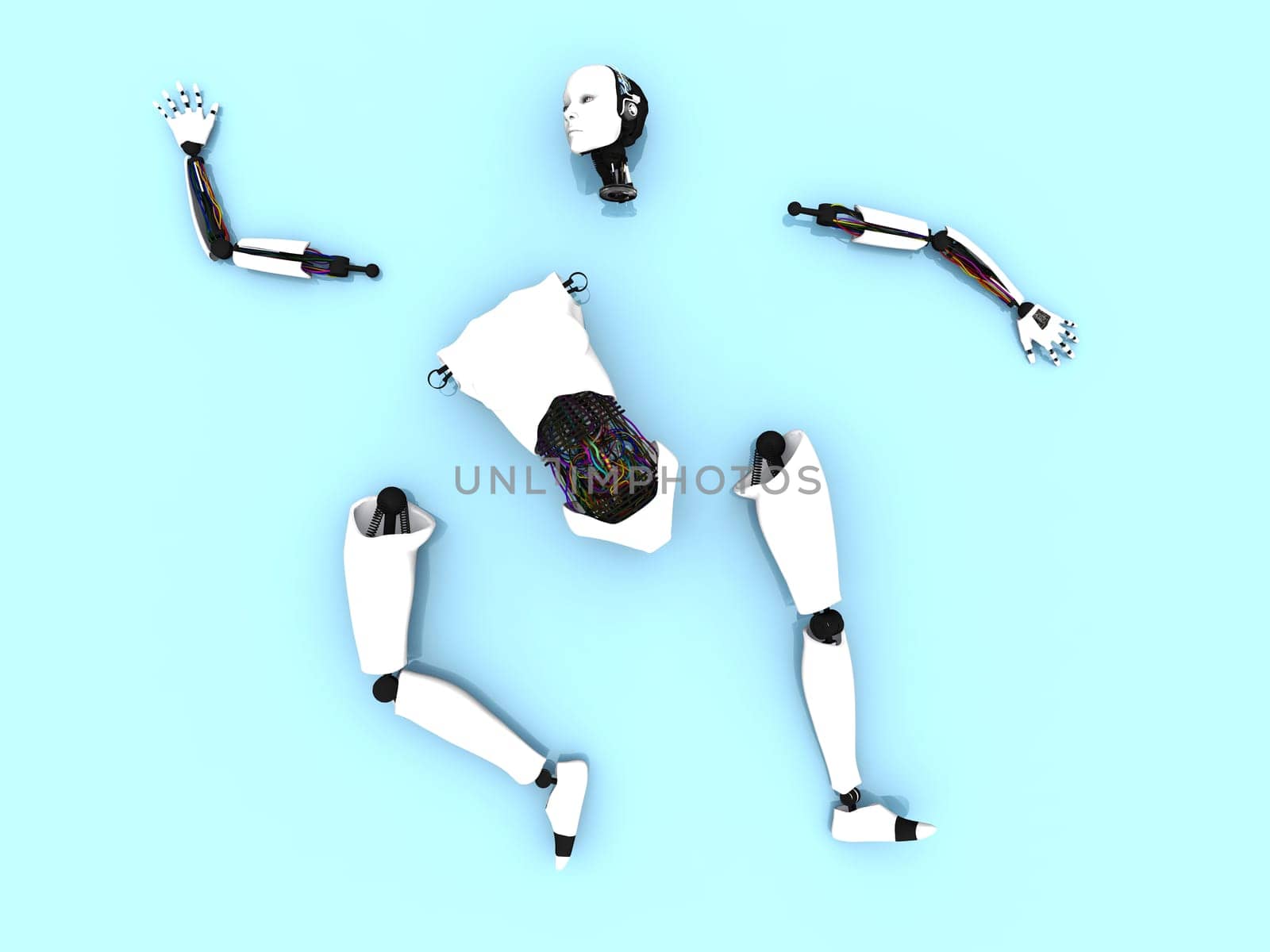 Parts of a female robot on the floor.