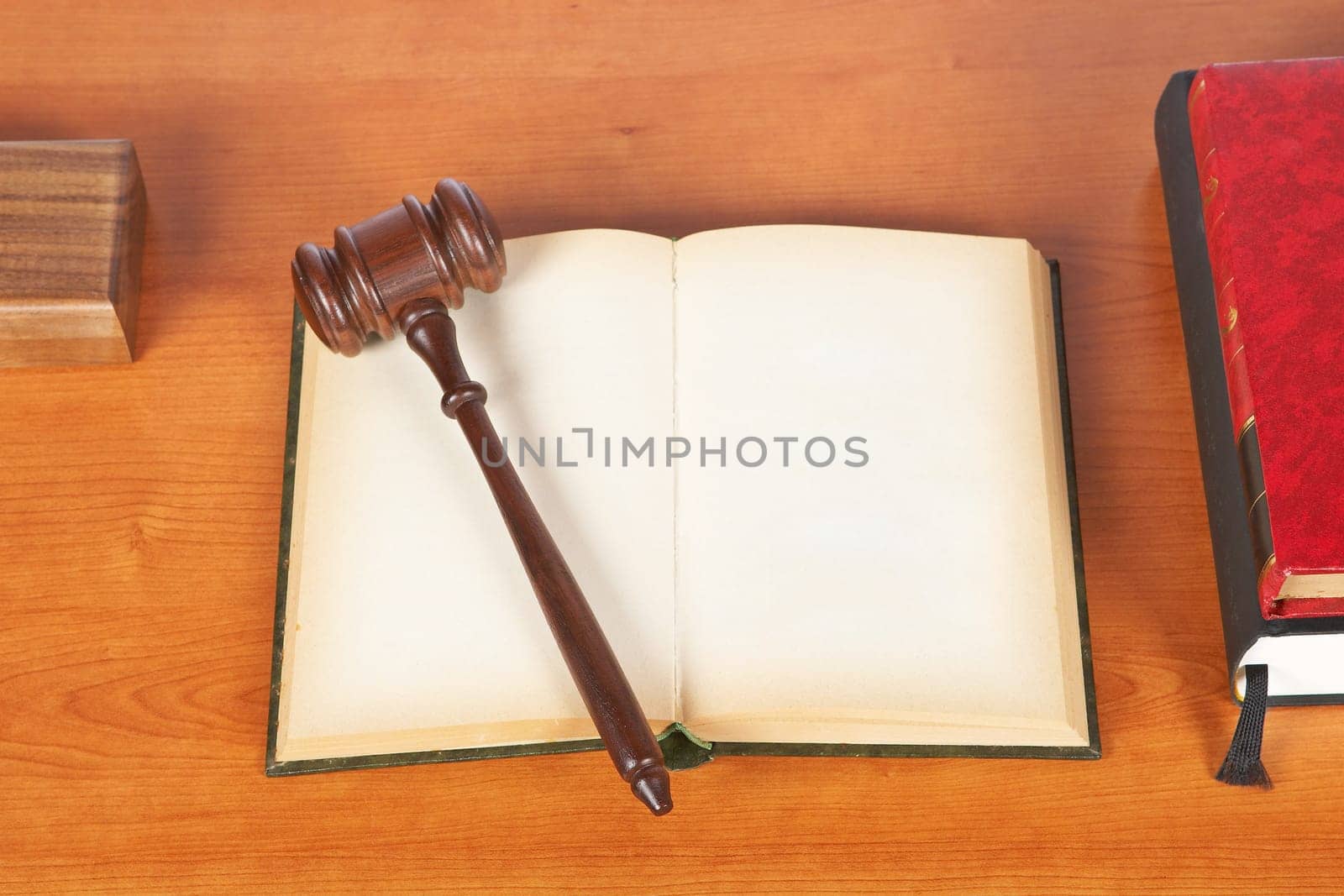 Wooden gavel and law book