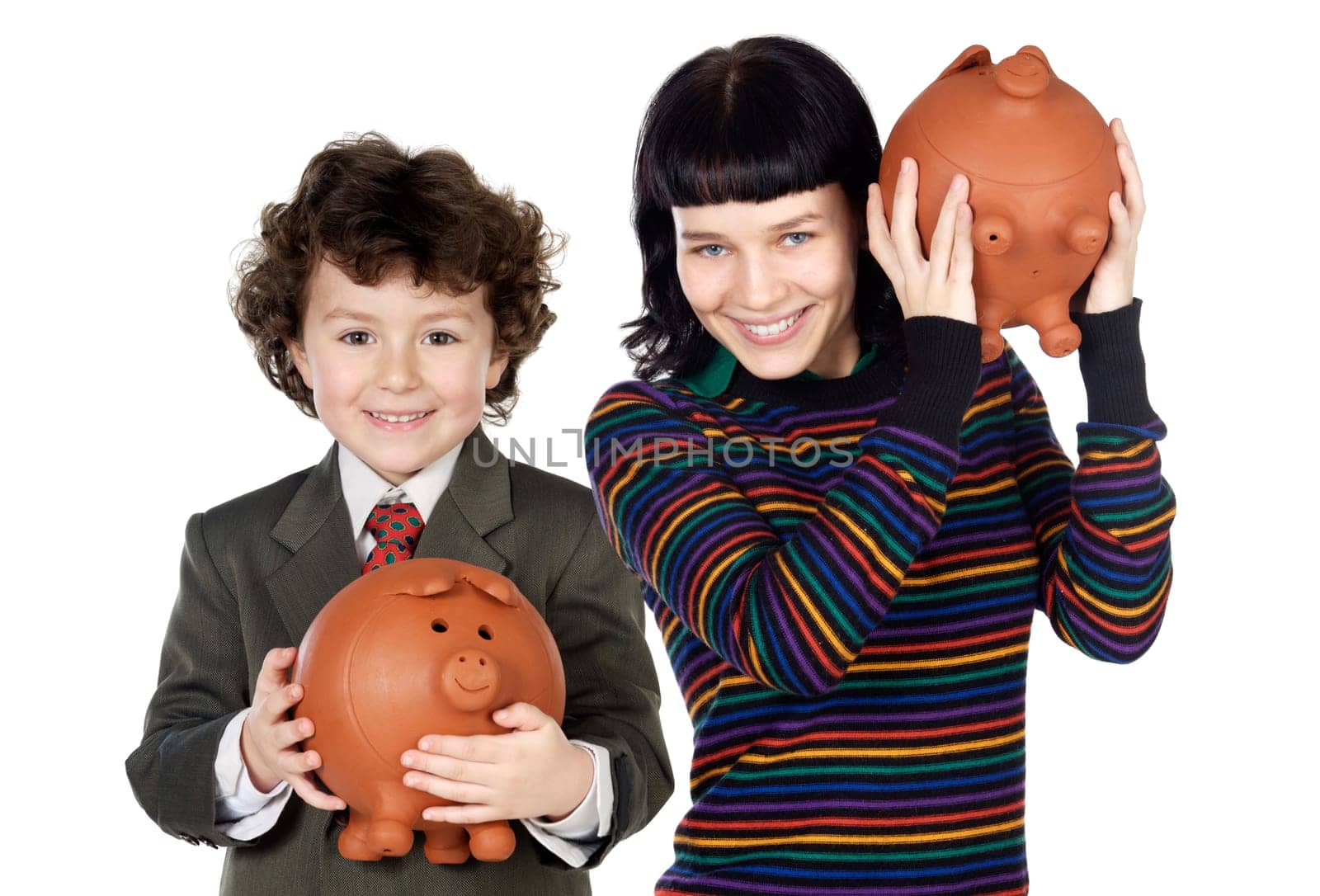 Little boy and pretty girl with moneybox