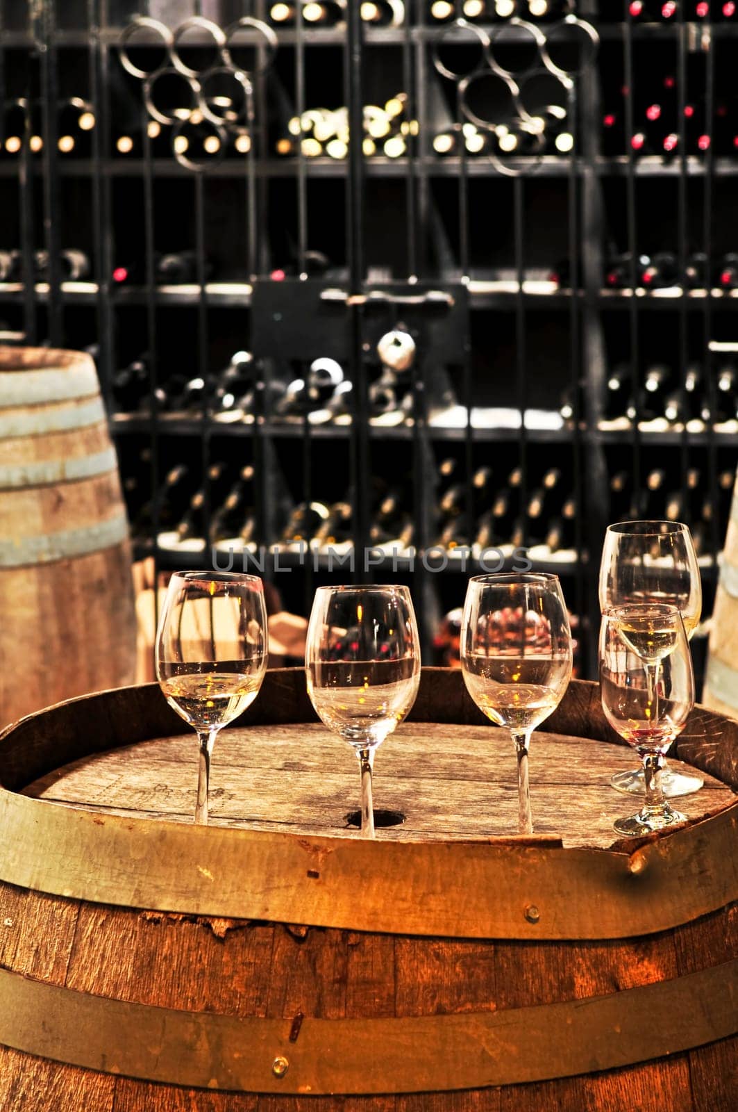 Wine  glasses and barrels