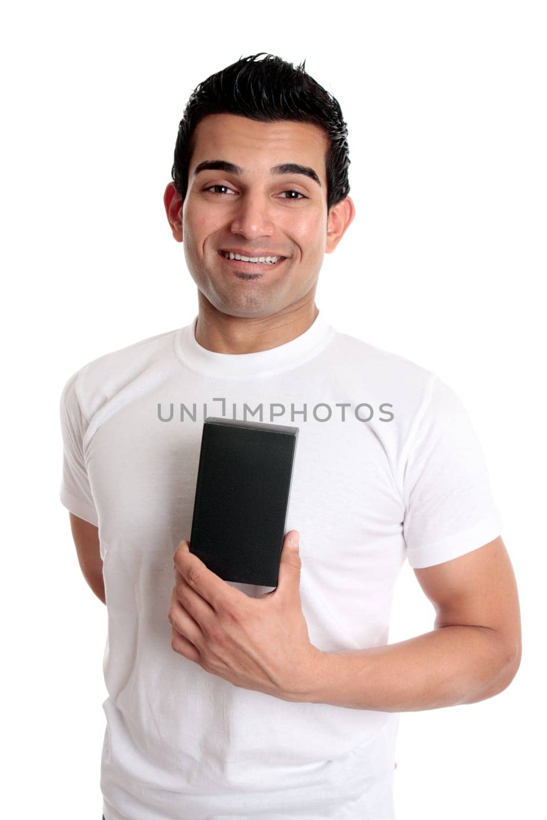 Smiling man holding retail product