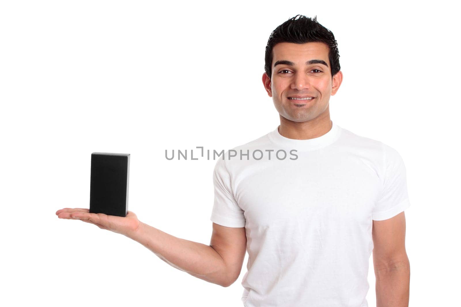 Man holding a product merchandise in one hand