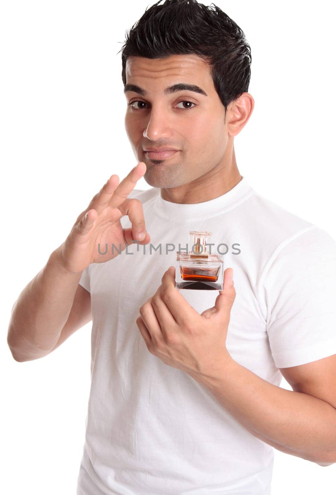 Man recommending promoting a perfume