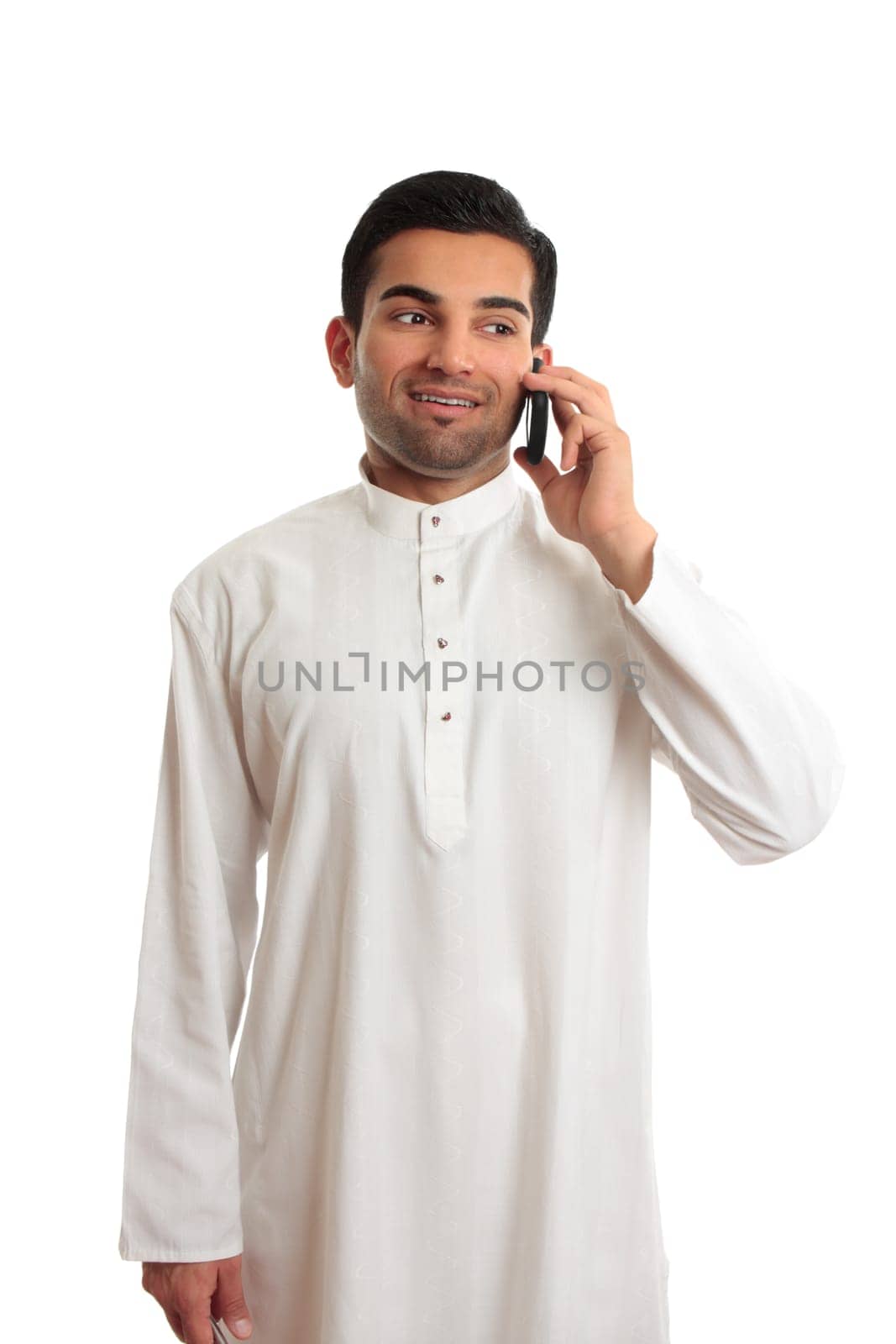 Arab ethnic businessman talking cellphone