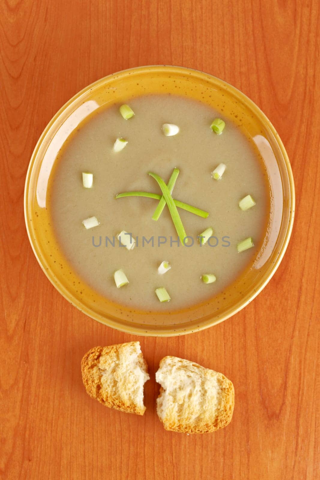 Cream of mushroom soup and bread croutons