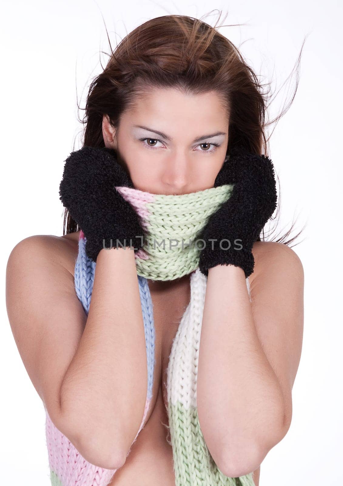 Nude with scarf and gloves
