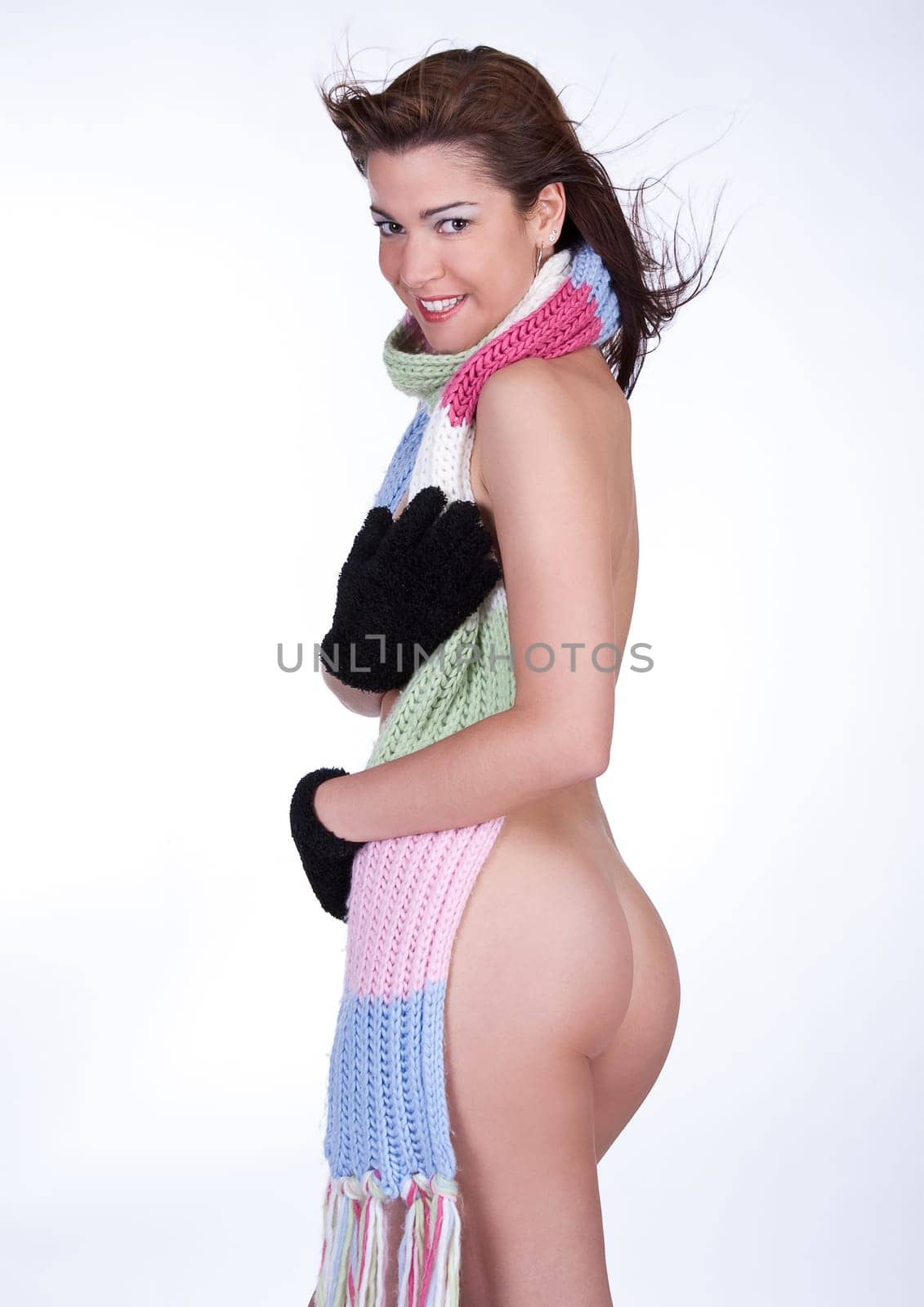 Nude with scarf and gloves