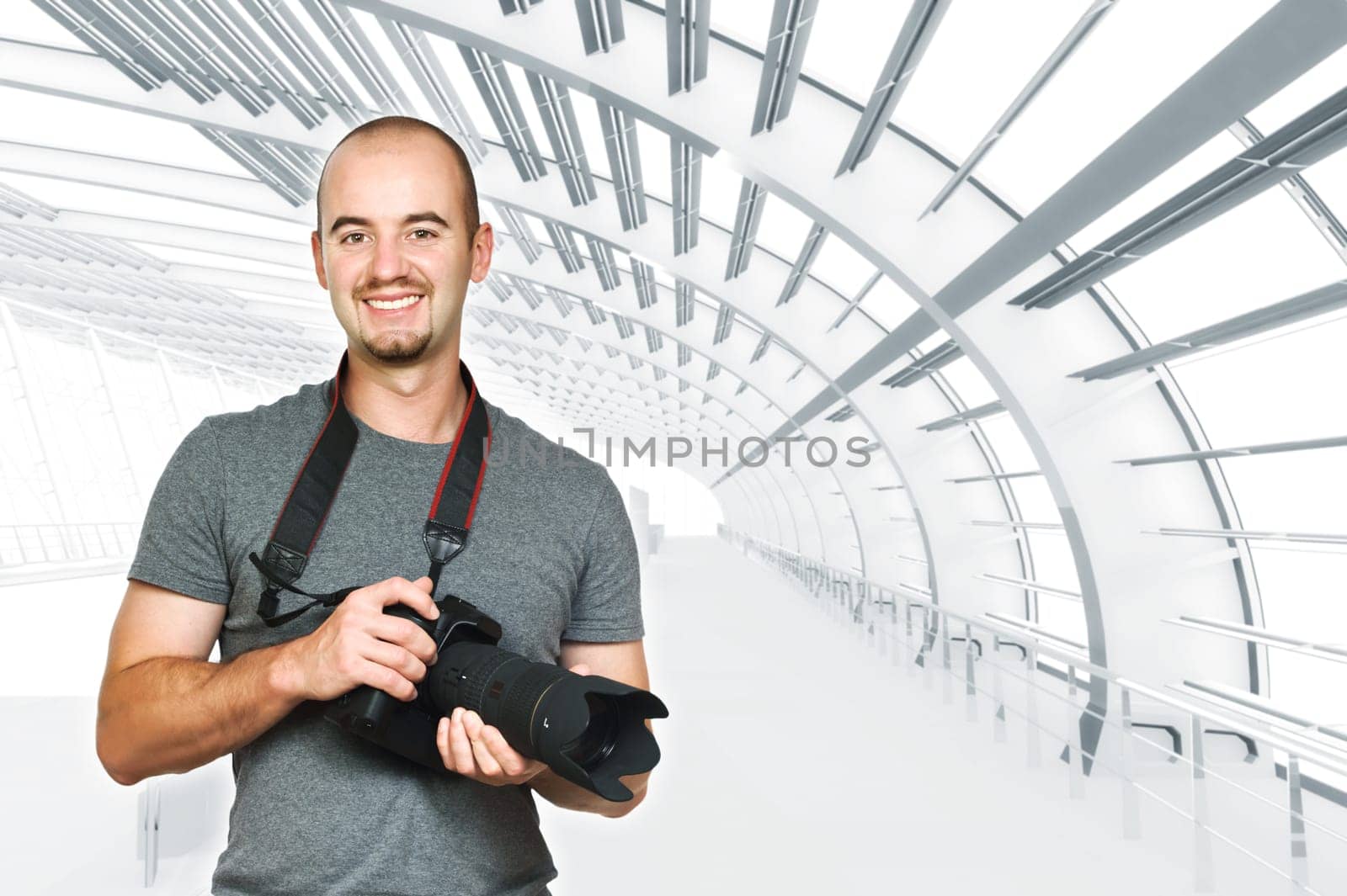confident young caucasian photographer and modern building background