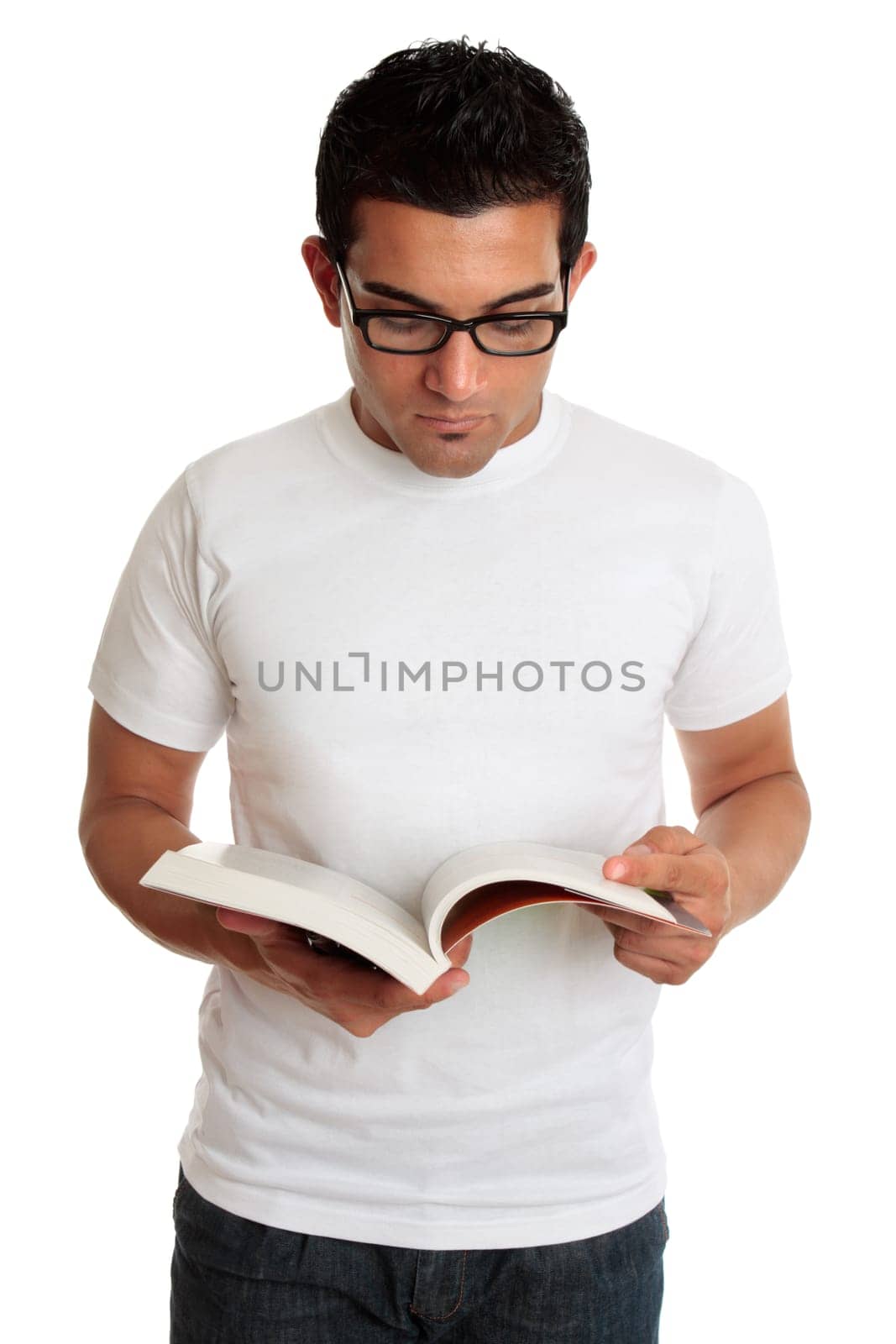 University student or man reading a textbook