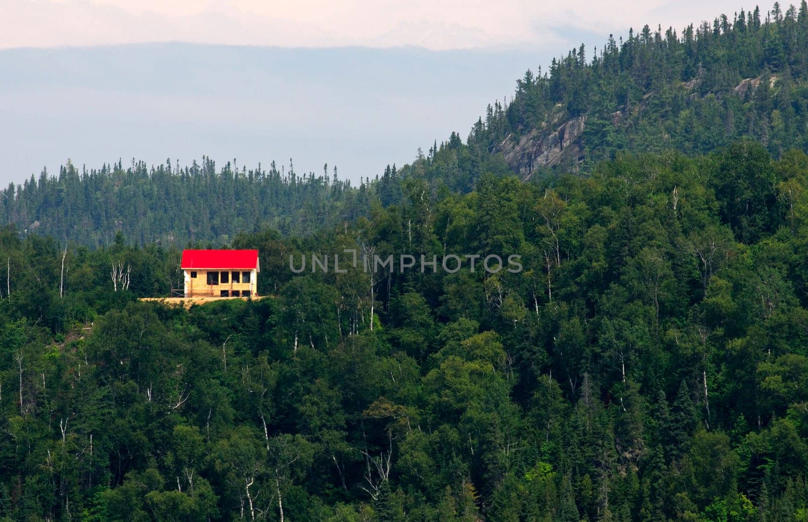 Small house with red roof on the edge of the forest
