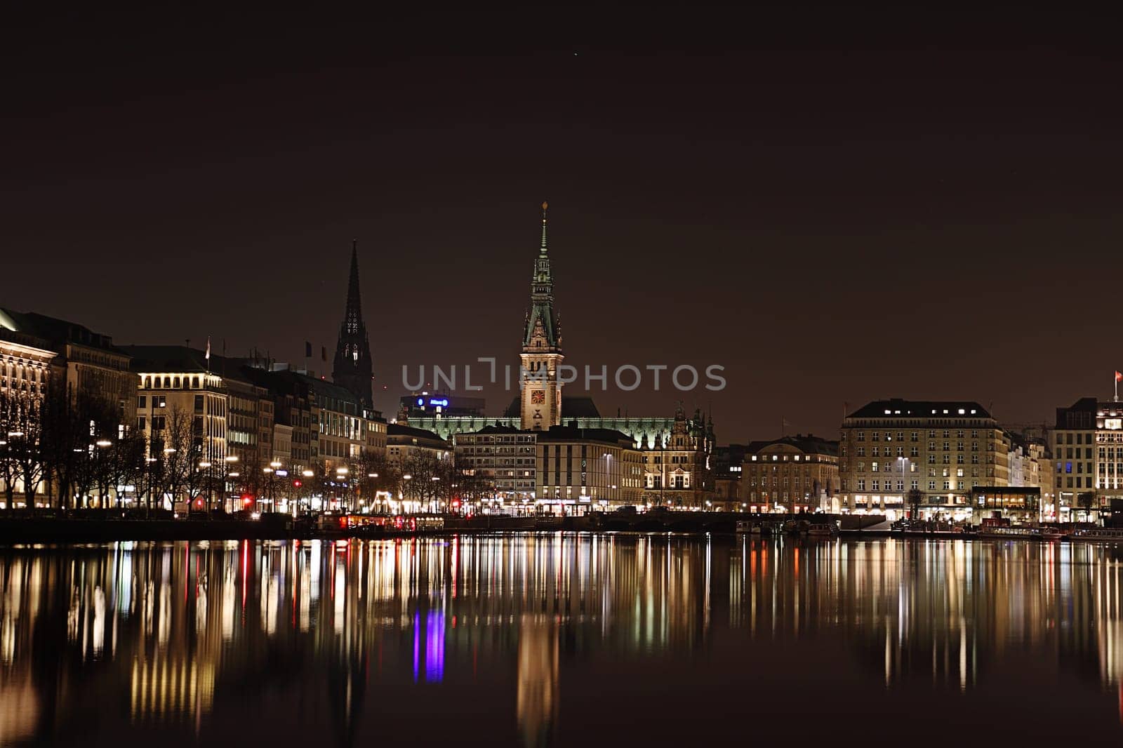 Alster with Hamburg City Hall at night