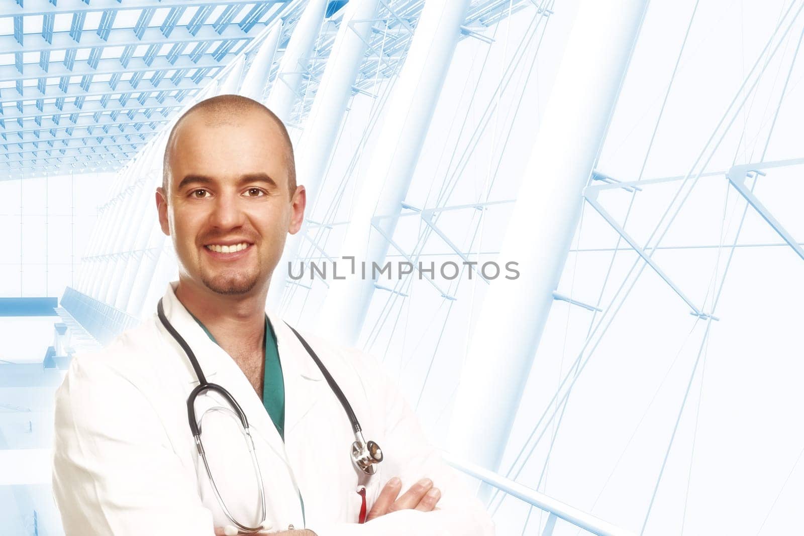 young confident doctor portrait and modern building background