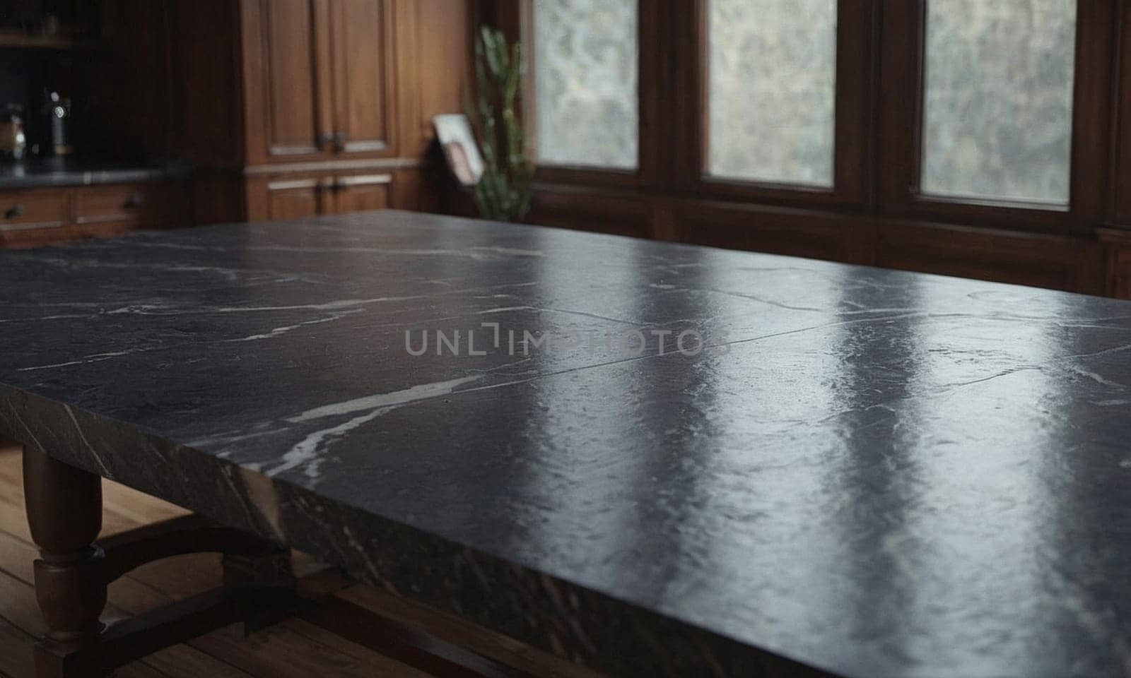Professional design background with expensive black granite. Dark stone table with elements. High quality illustration
