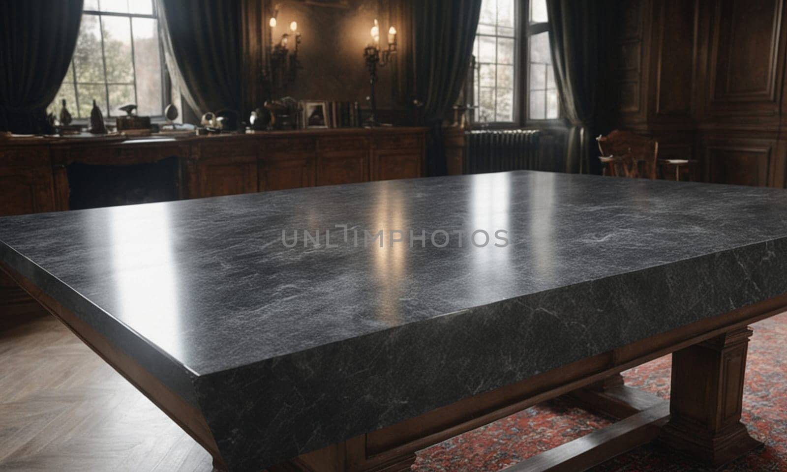 Professional design background with expensive black granite. Dark stone table with elements. High quality illustration