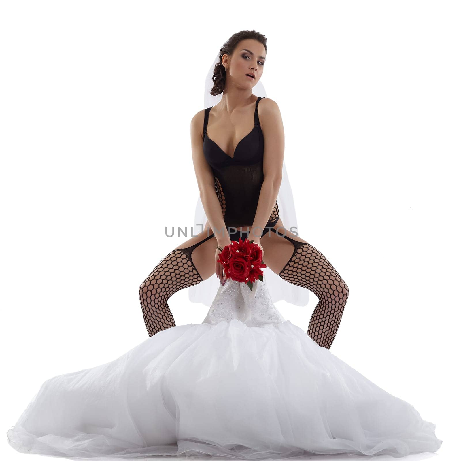 Image of sexy bride posing in provocative pose, isolated on white