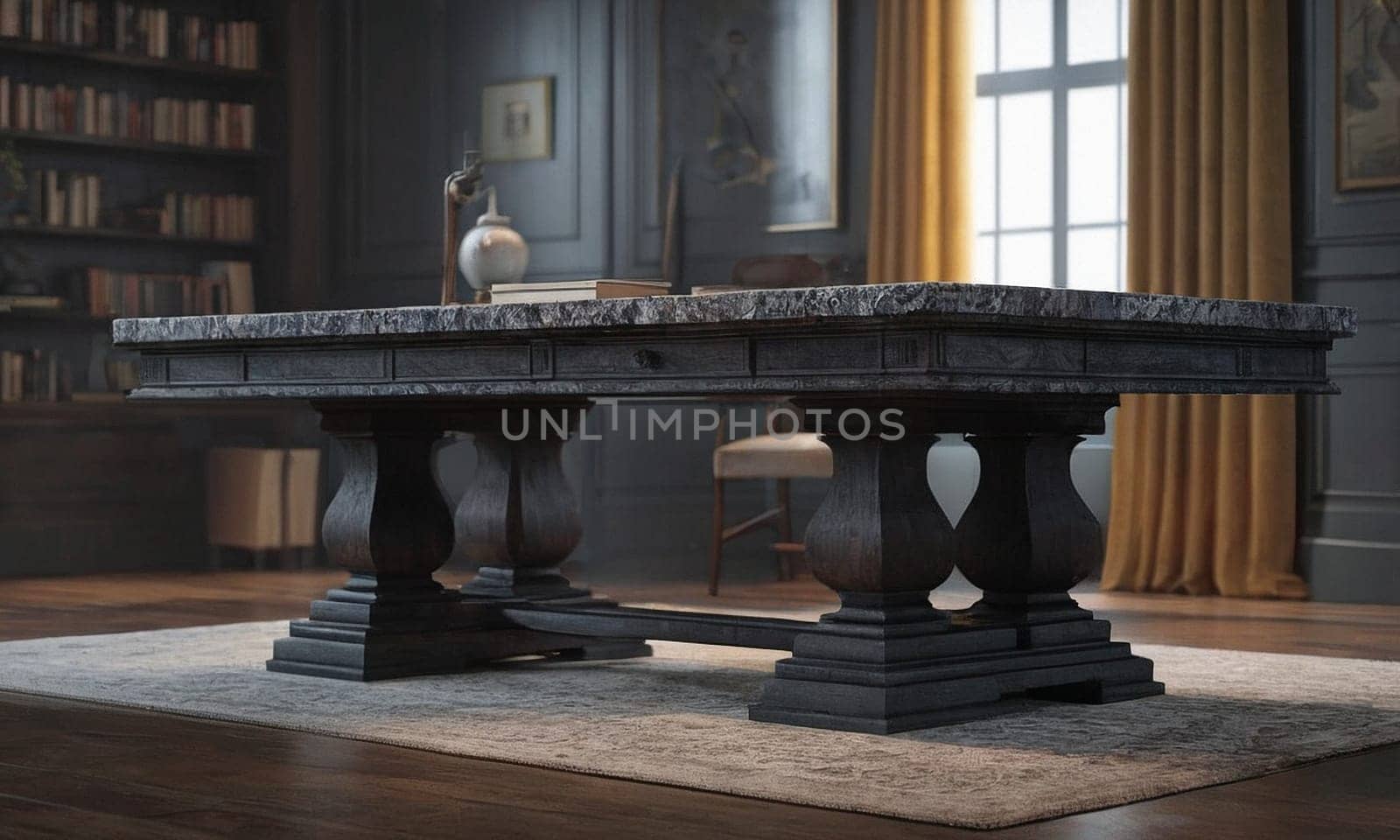 Professional design background with expensive black granite. Dark stone table with elements. High quality illustration