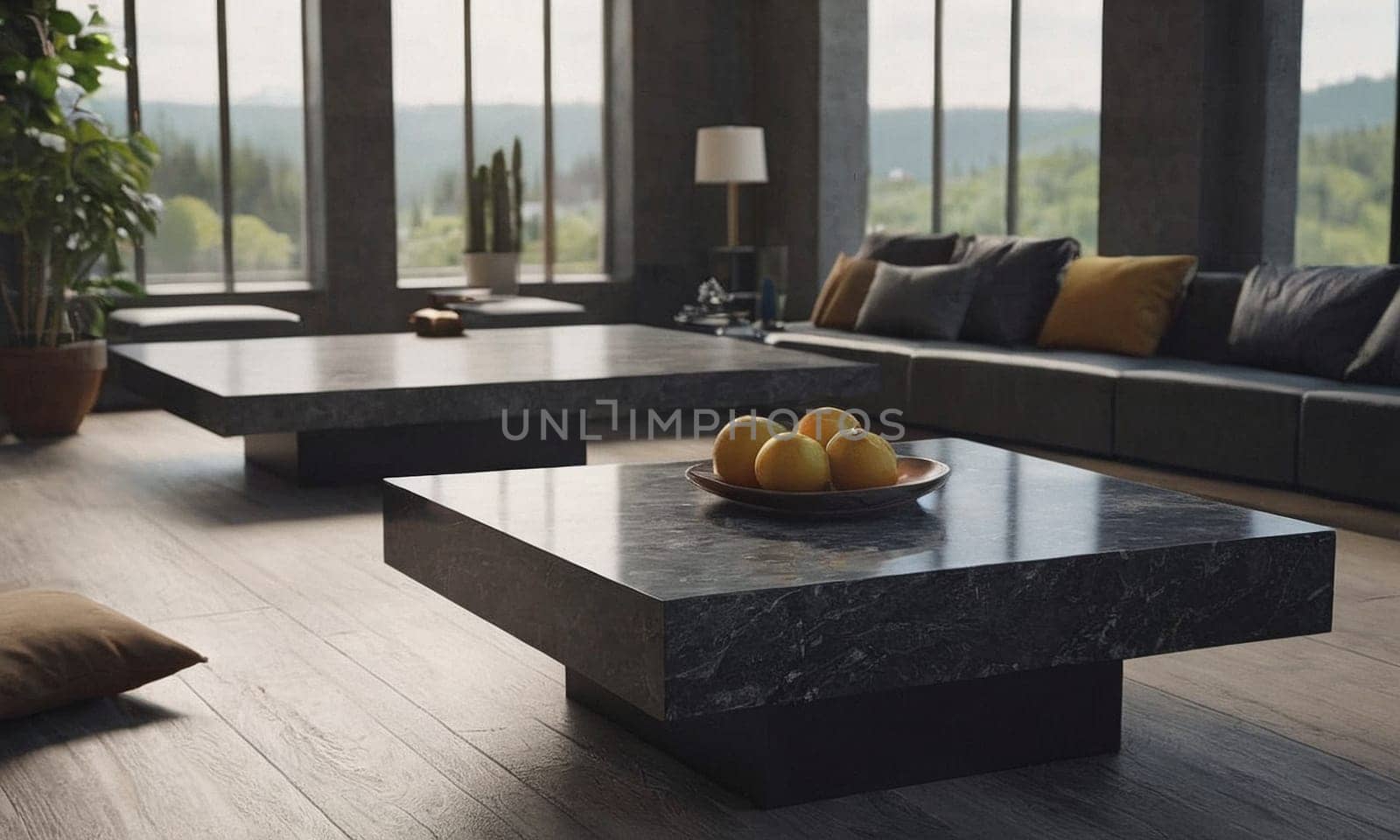 Professional design background with expensive black granite. Dark stone table with elements. High quality illustration