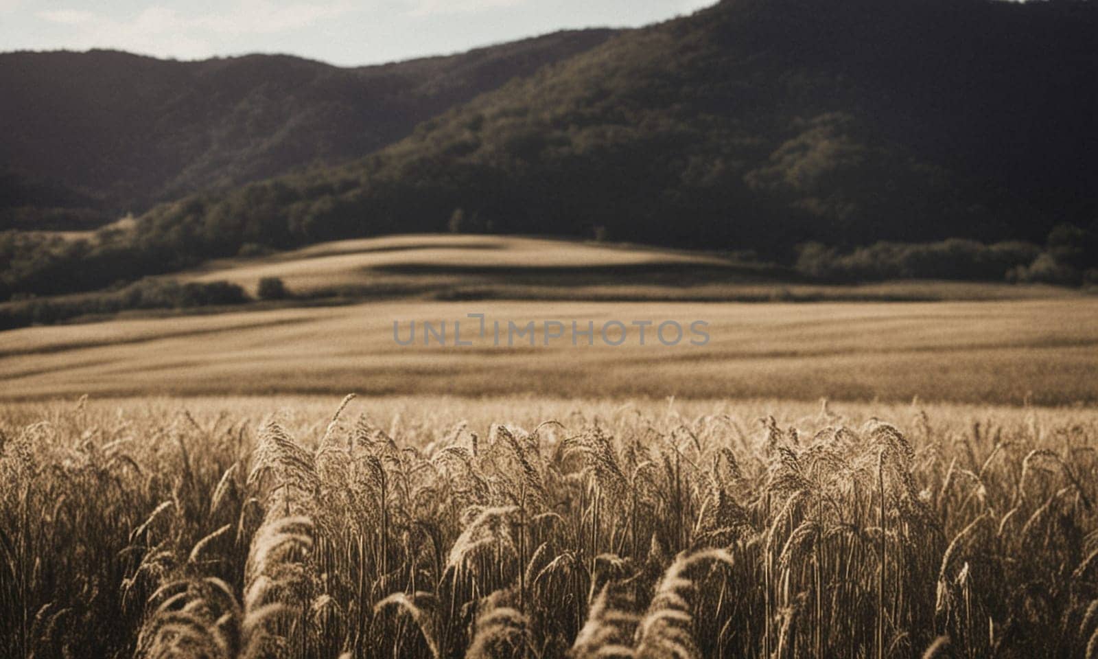 Wheat field on the background of mountains. High quality illustration