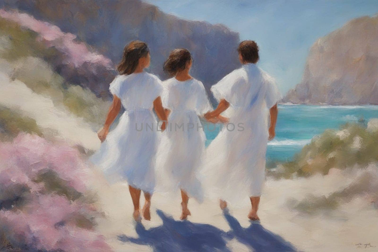 three different person walking by hand in the beach, romantic open mixed race and gender love relationship illustration concept generative ai art