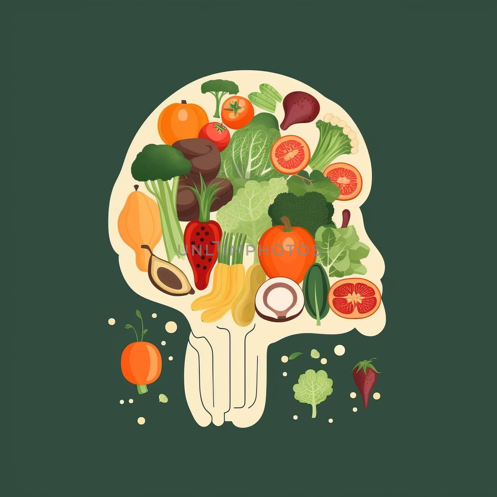 Illustration with fresh various vegetables in the form of a human head, on a green background