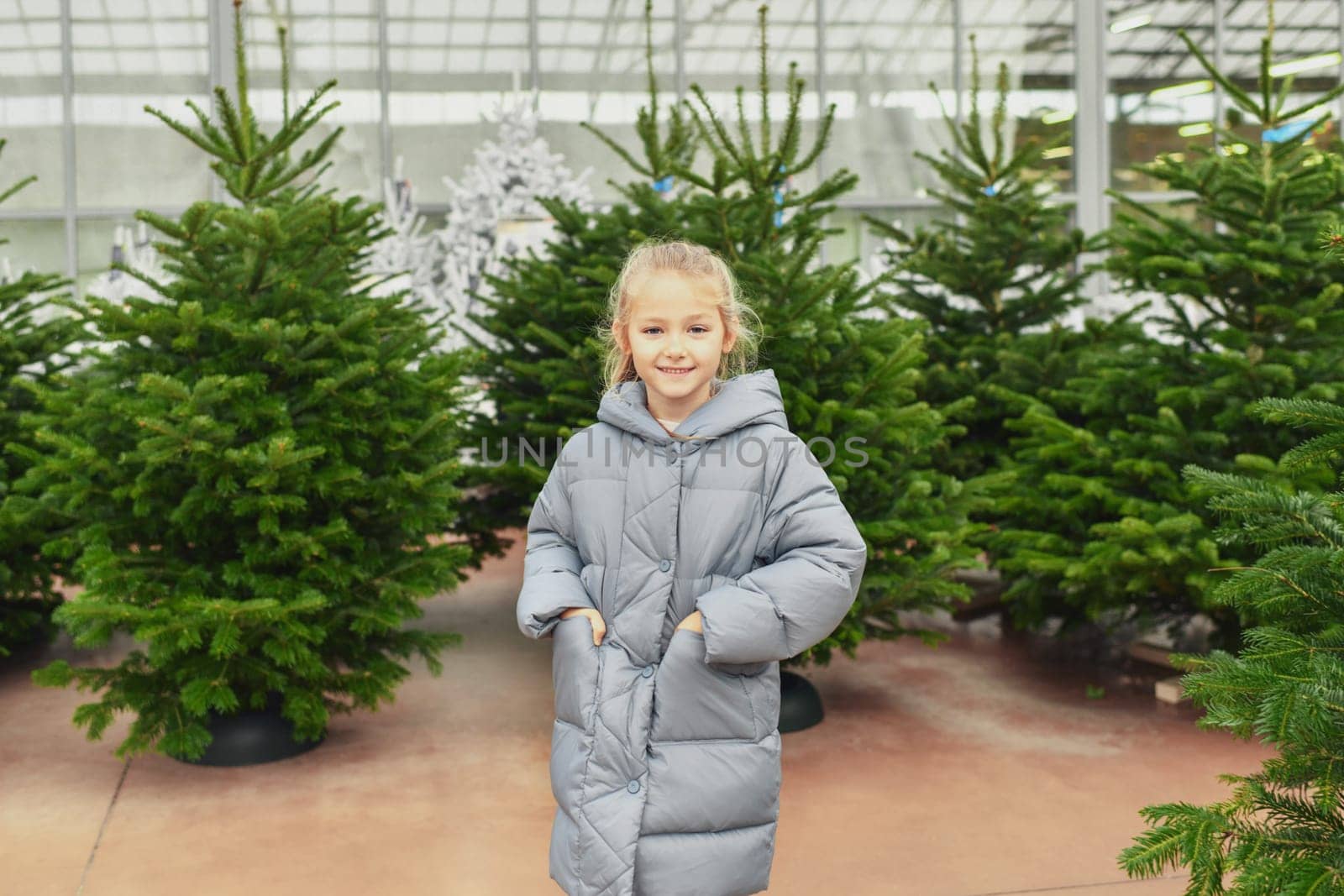 Small girl chooses a Christmas tree in the shop.