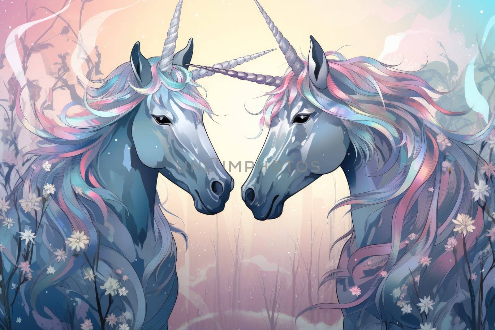 Majestic unicorns with shimmering silver horns - Generative AI by Sidewaypics