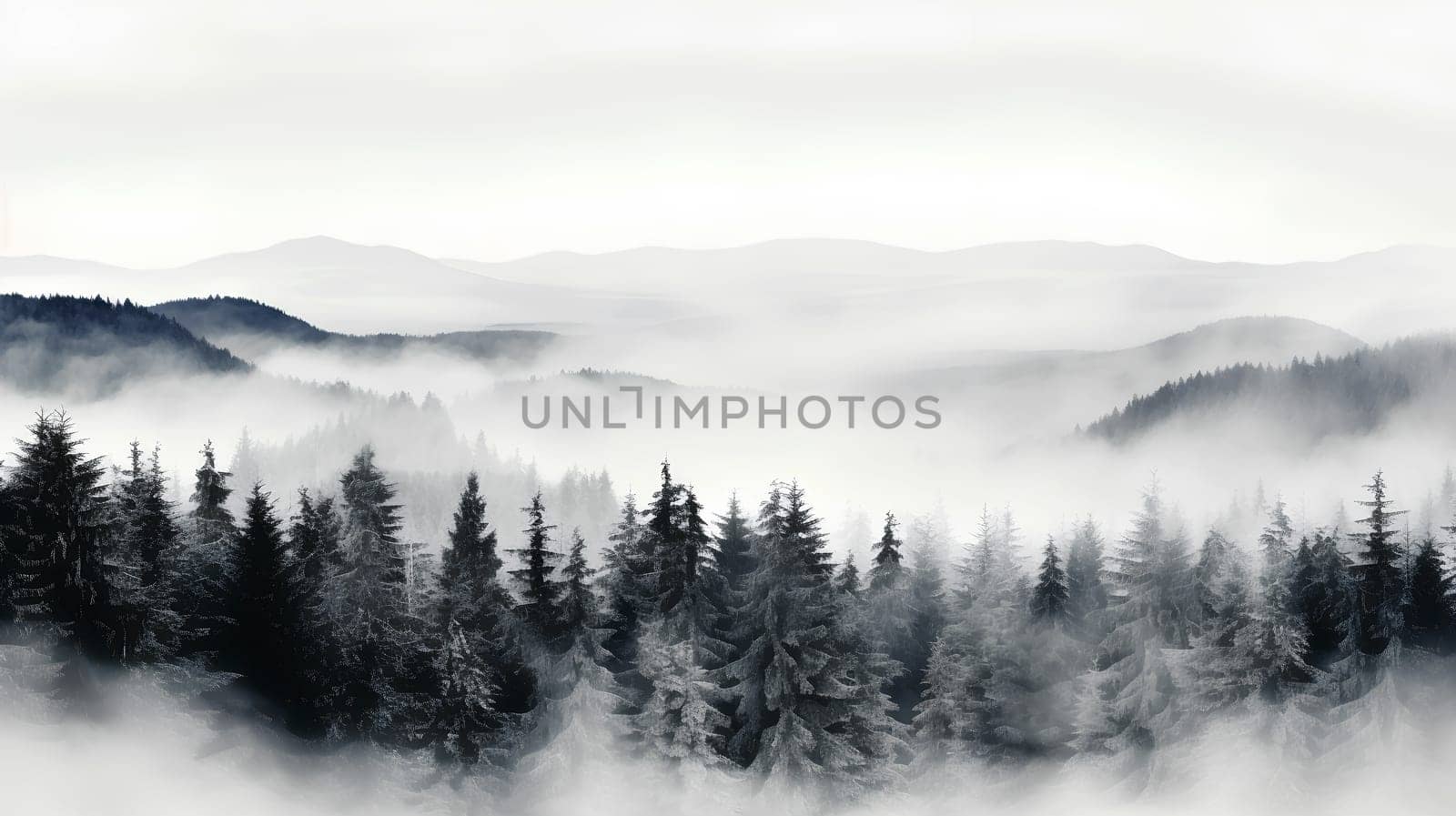 Pine trees in the fog - dark forest with dramatic light - AI generative