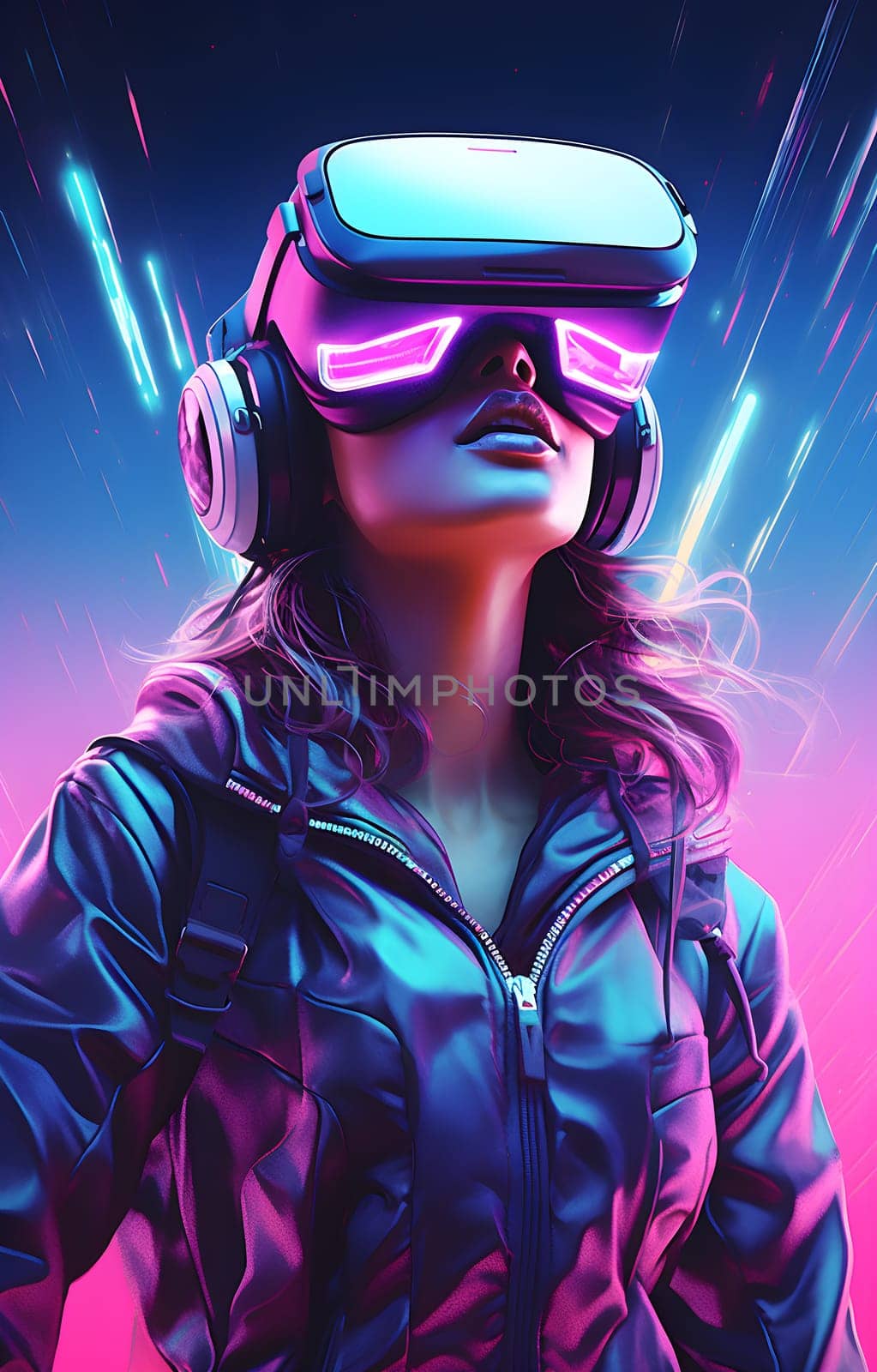 Beautiful young a woman wearing a virtual reality headset, neon colored glow - generative AI by chrisroll