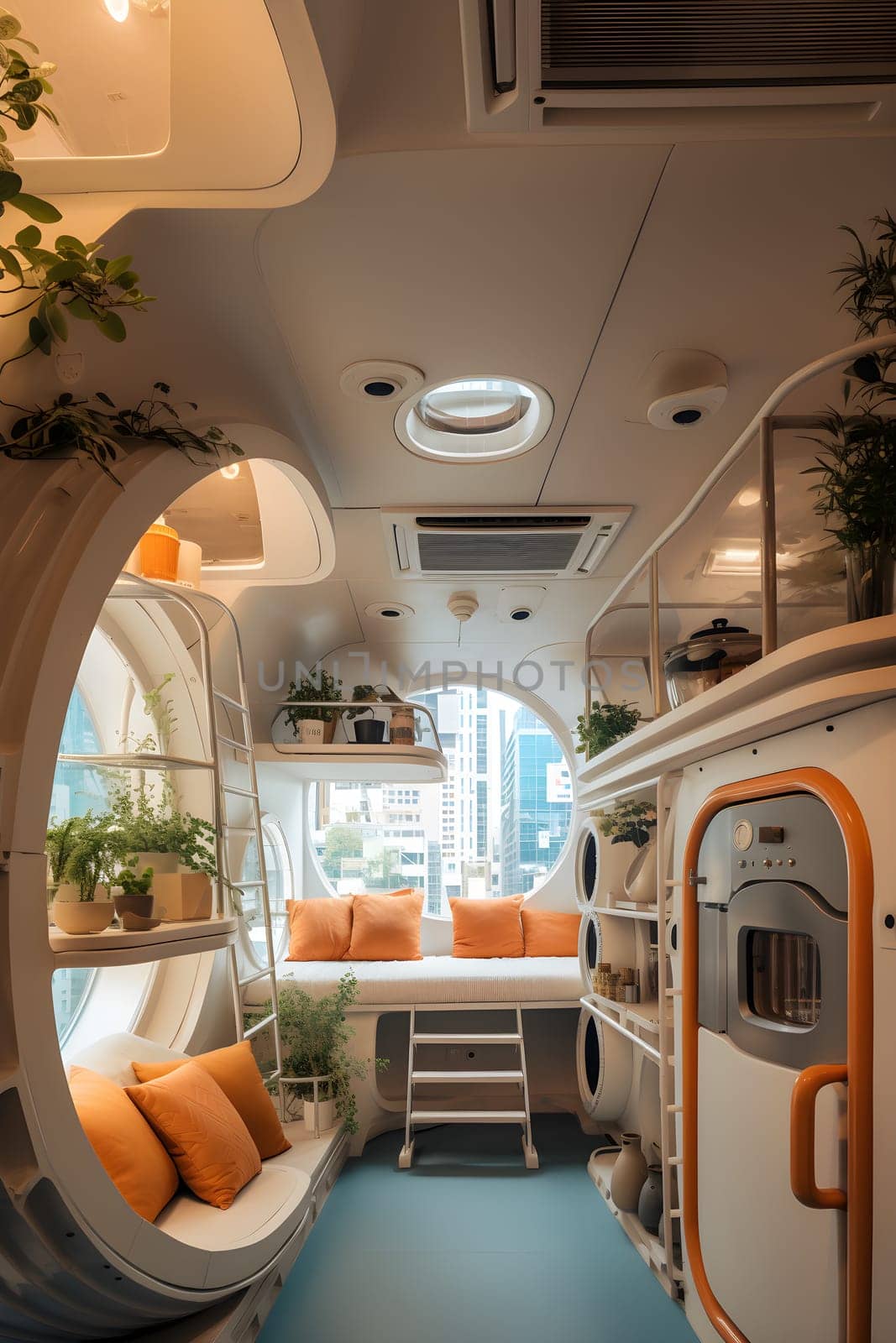 futuristic orange living room - spacecraft design - generative AI by chrisroll