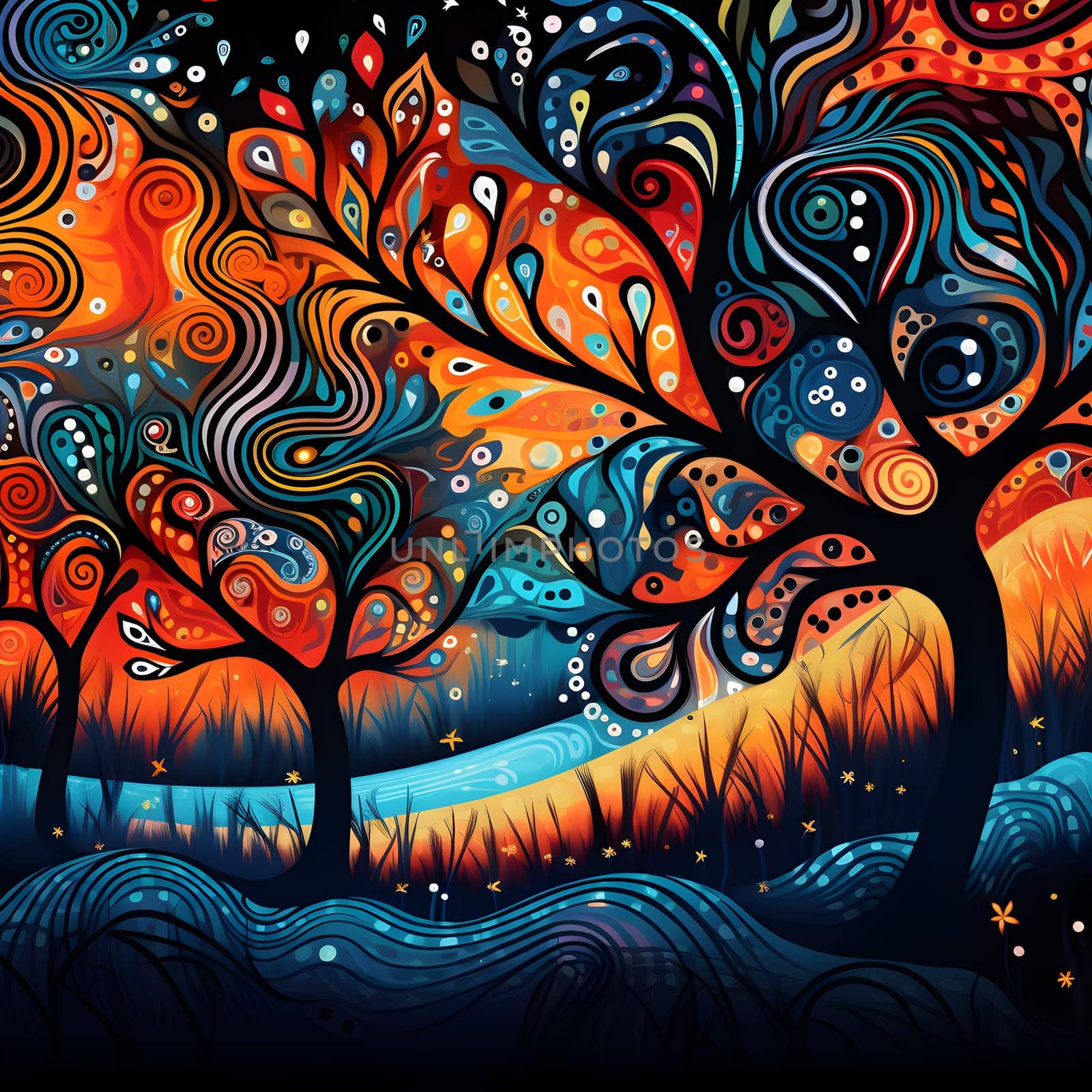 naive landscape painted with starry sky and trees - generative AI by chrisroll