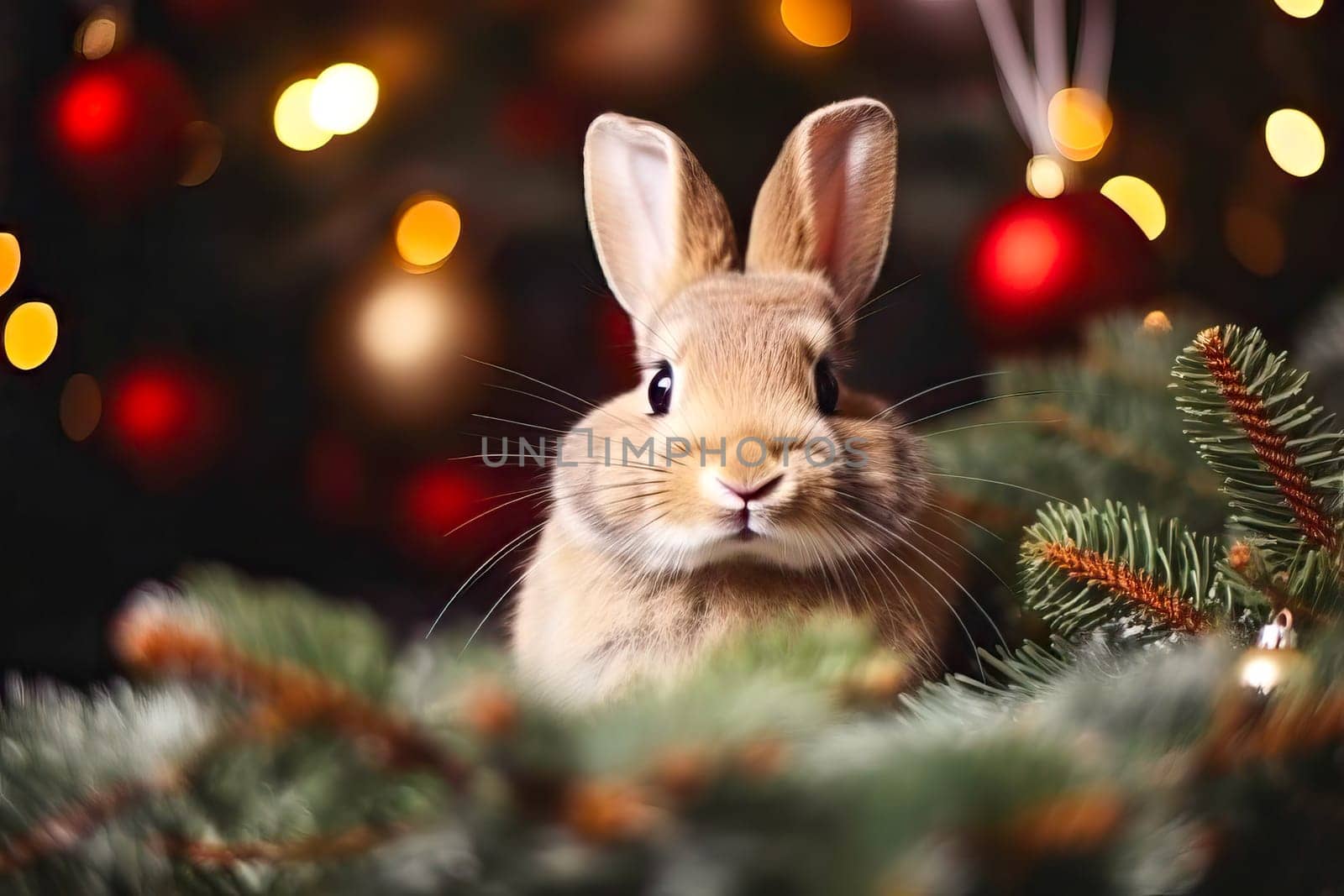 Christmas with a cheerful bunny wearing a Santa Claus hat. New Year celebration concept. Generative AI.