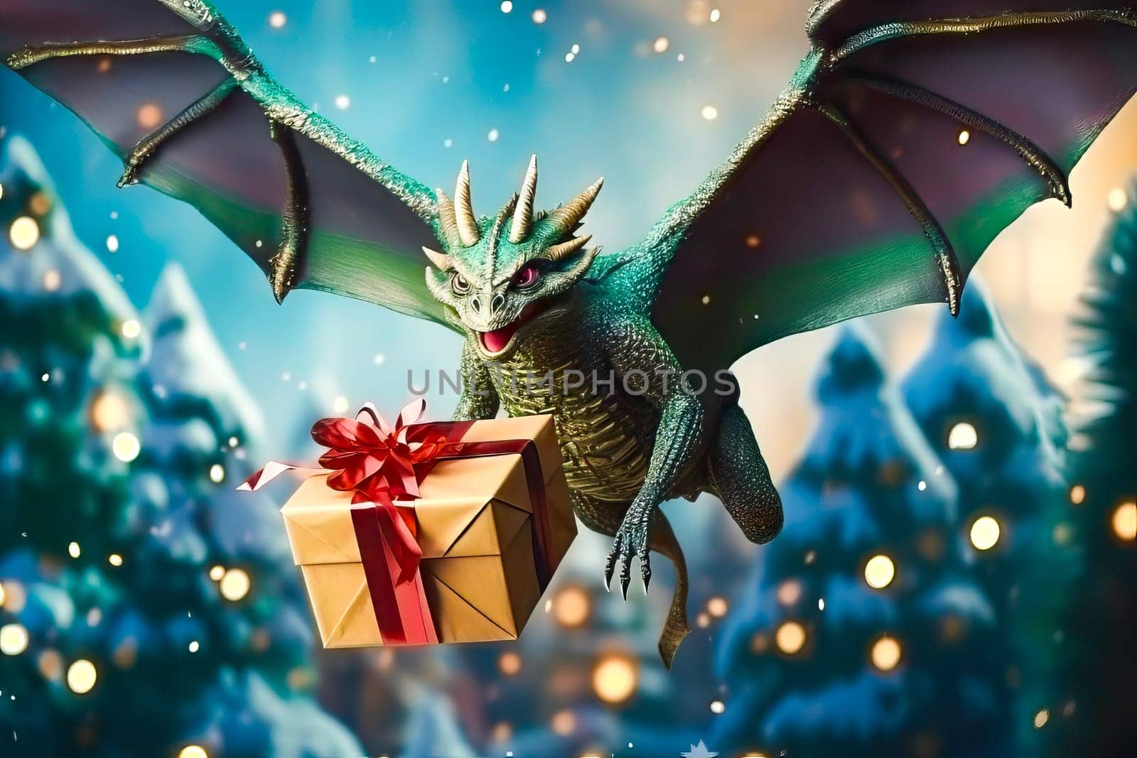 Green Dragon with gift box on Christmas. New Year celebration concept. Generative AI.