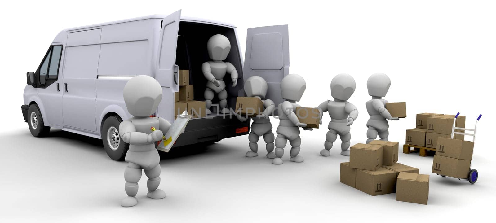 3D removal van and men with boxes isolated