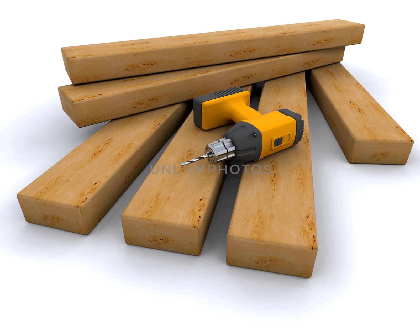 3D render of a power drill with wooden planks