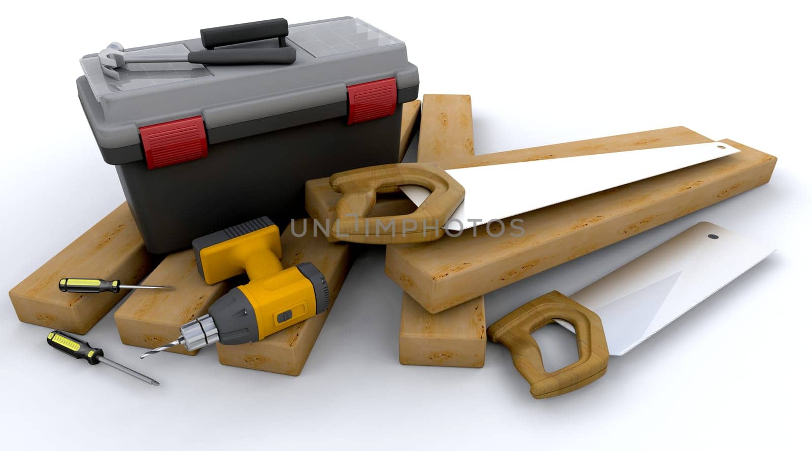 3D render of a power drill, wood and tools