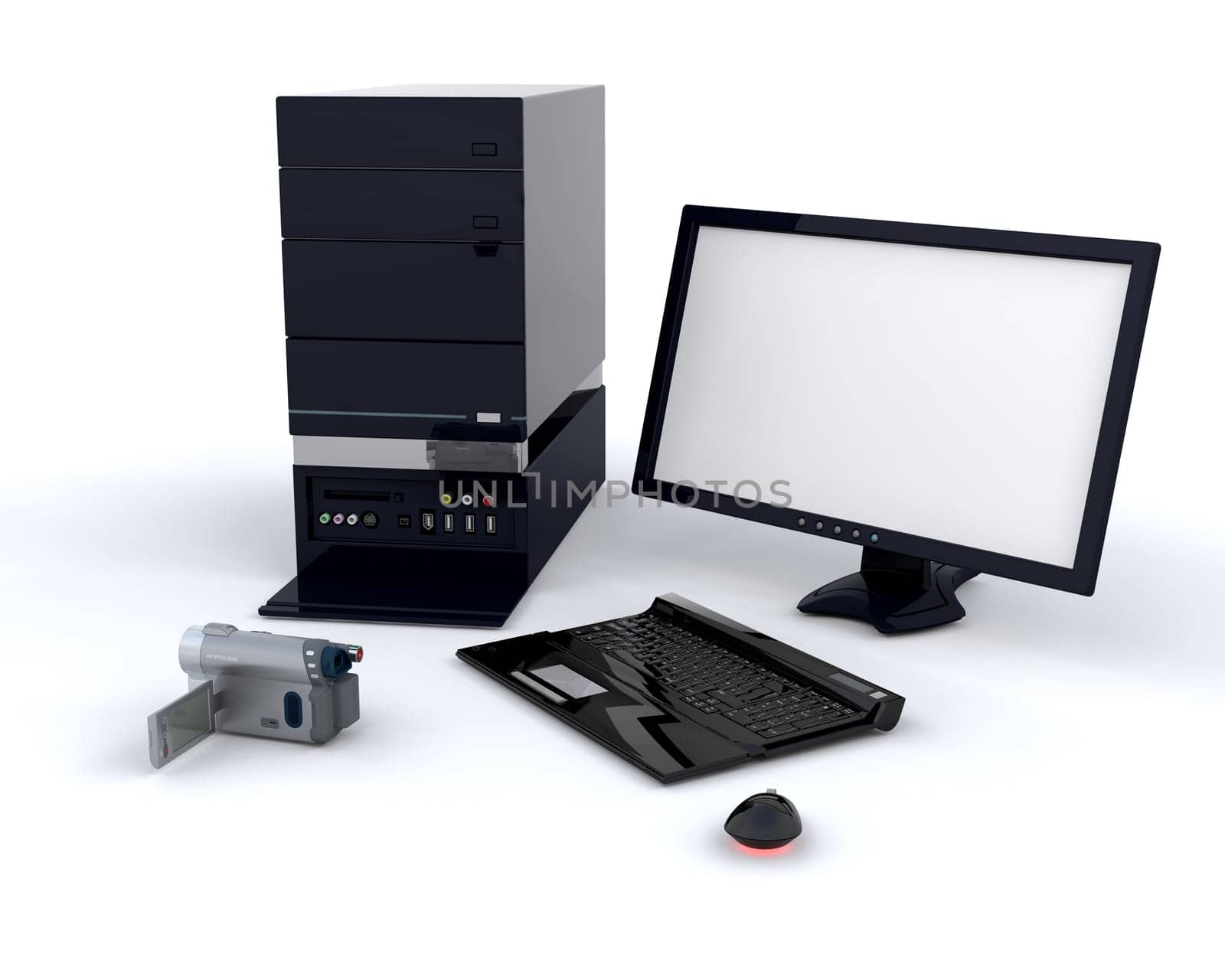 3D Render of a digital video camera and pc