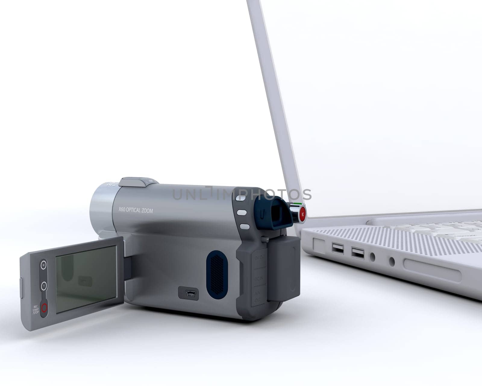 3D handy cam next to a laptop isolated on white