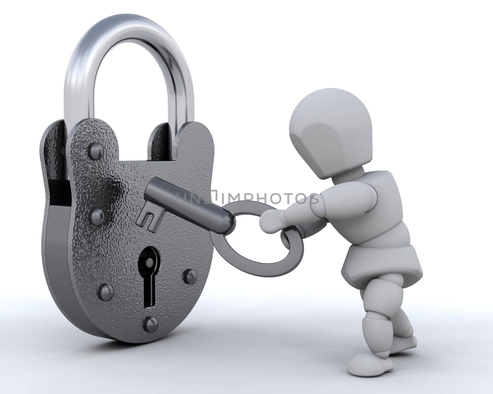 3d render of a padlock and key
