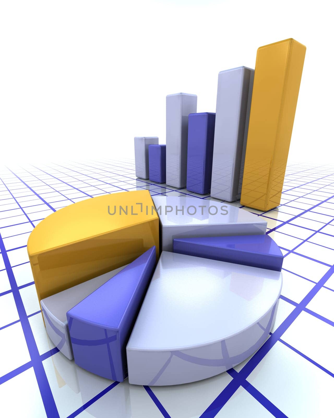 3D render of a bar chart and pie chart