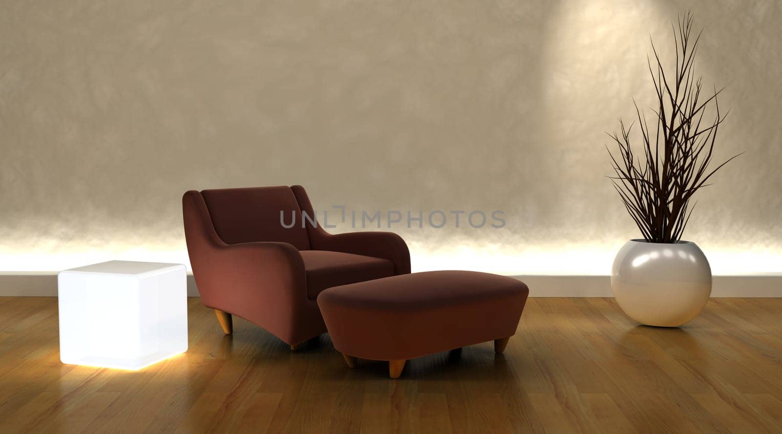 3d render of contemporary arm chair and ottoman in moderen setting