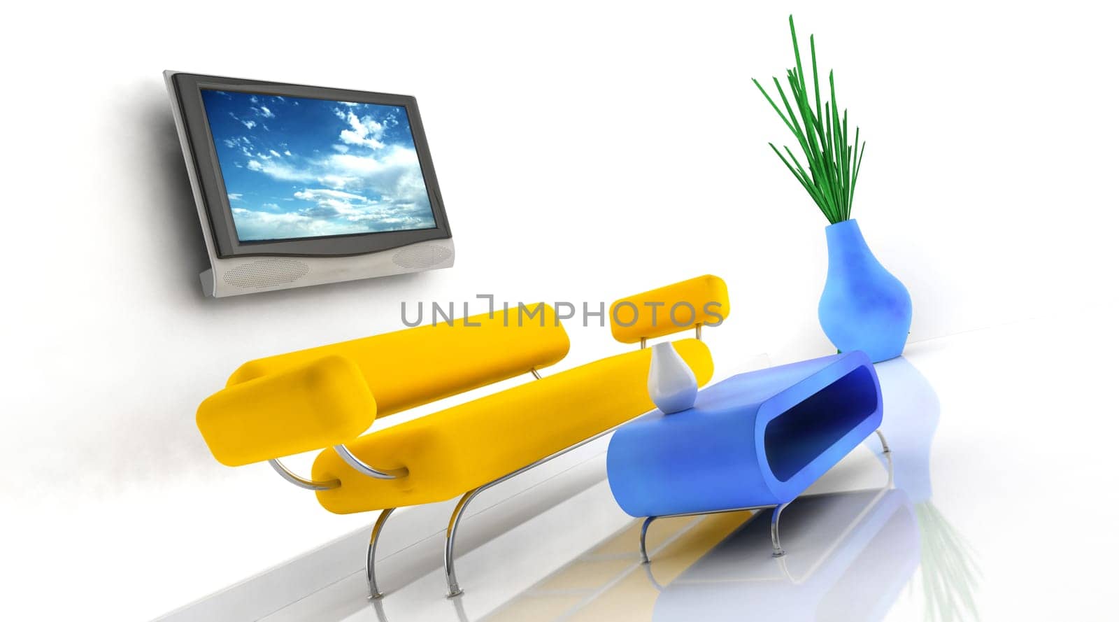 3d render of sofa and television on the wall