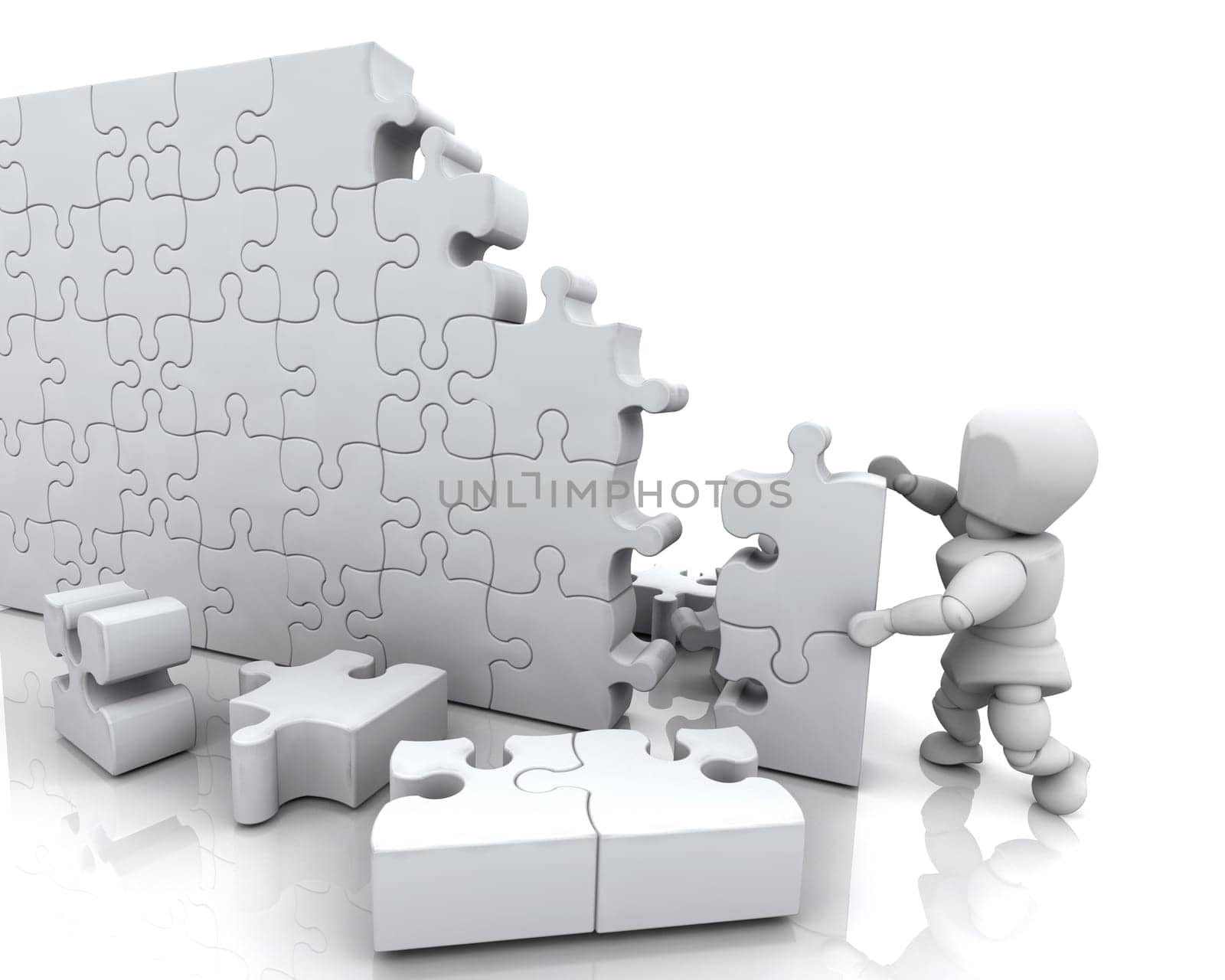 3D render of a man solving a jigsaw puzzle