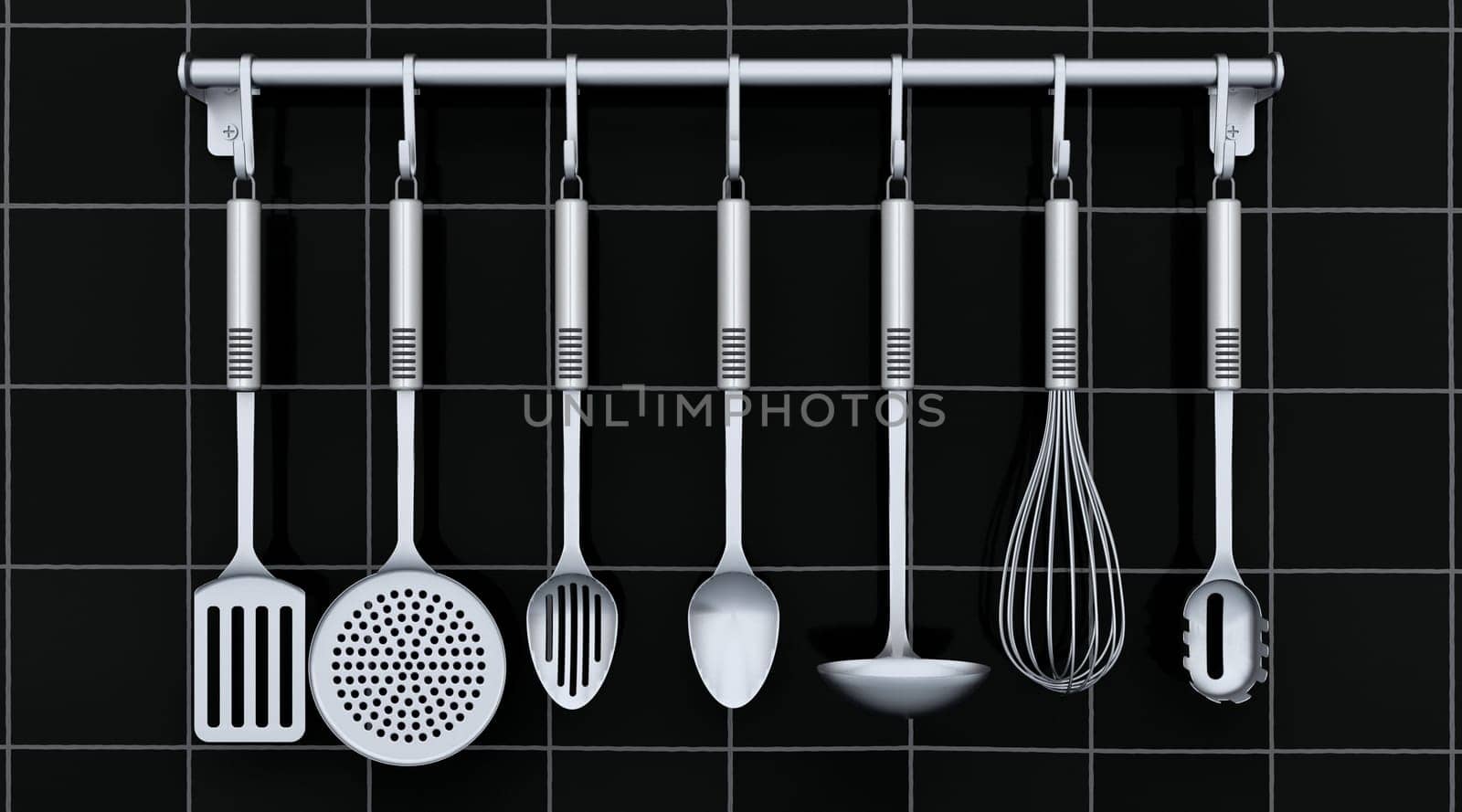 3d render of kitchen utensils on a rack mounted on a tiled wall
